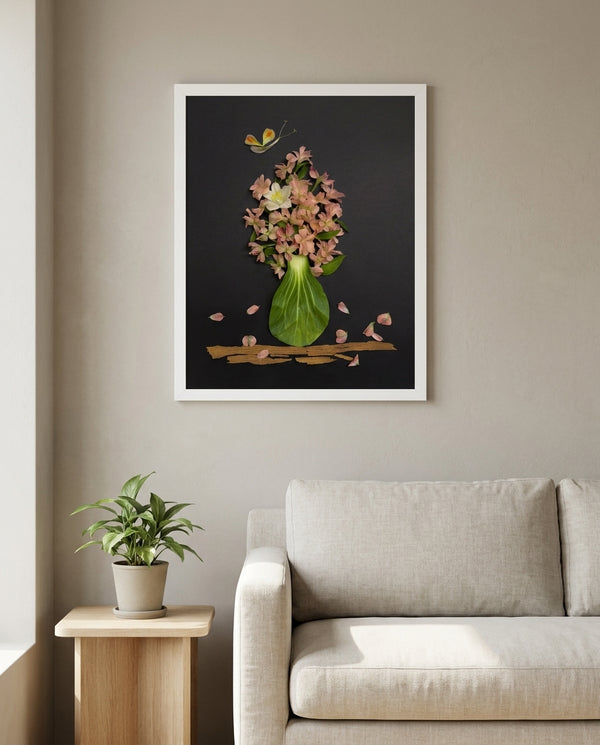 Evening Peach Bouquet dark floral still life wall art print in a white frame hanging in a living room