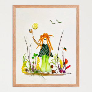 Whimsical feminine figure formed from real foliage, petals, stems, and garden-found textures on white. Botanical wall art by FloraFusion.