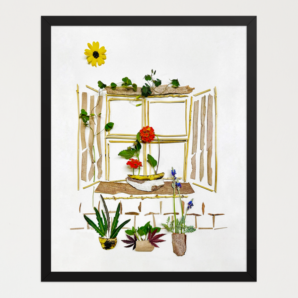 House facade built from stems, bark, leaves, and flowers, with a small sun above on white. Botanical wall art print by FloraFusion.