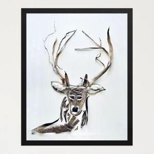 Symmetrical stylized deer built from dried leaves, seed pods, stems, and natural fibers on white. Botanical wall art by FloraFusion.