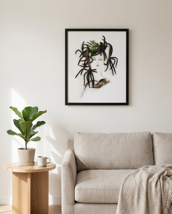 Fern Lady art print in a black frame in a modern living room