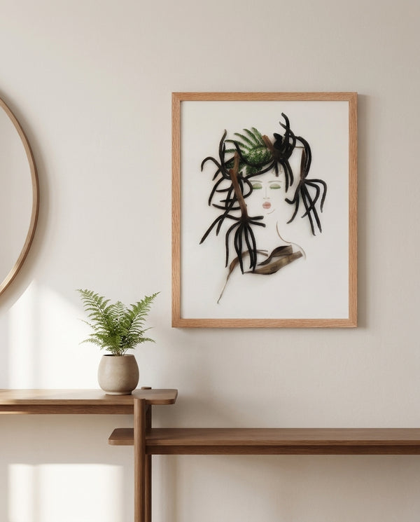 Fern Lady art print in a red oak frame in a warm entryway