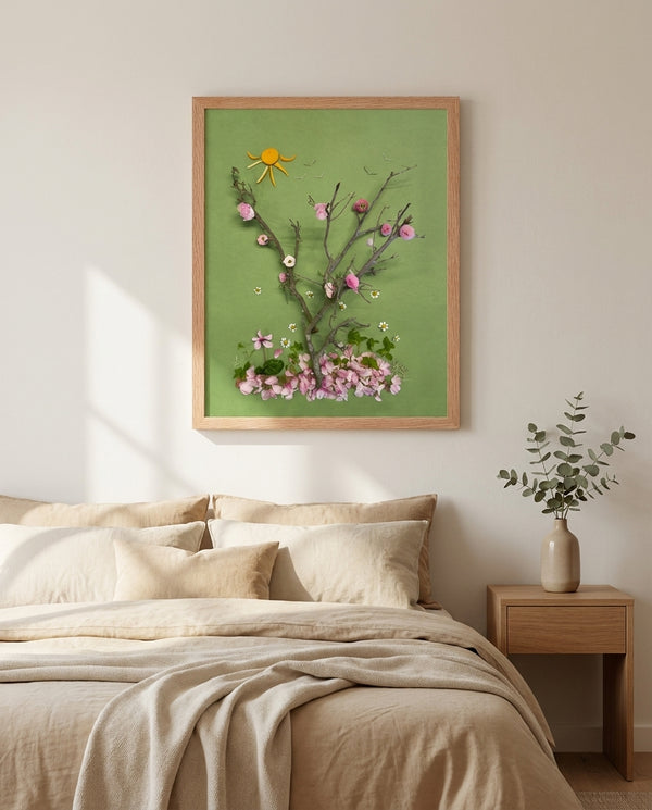 First Blossoms botanical spring tree wall art print in a red oak wood frame hanging in a bedroom