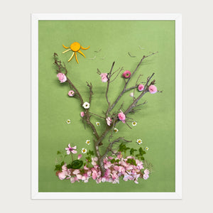 First Blossoms botanical spring tree wall art print by FloraFusion in a white frame, front view