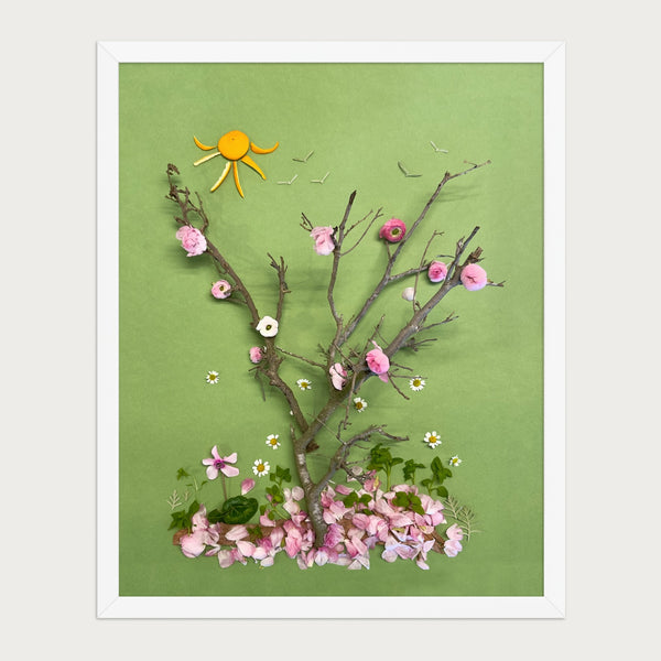 First Blossoms botanical spring tree wall art print by FloraFusion in a white frame, front view