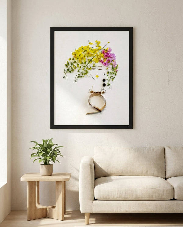 Floral Daydream art print in a black frame in a modern living room