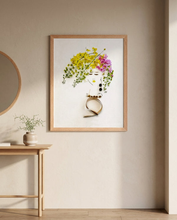 Floral Daydream art print in a red oak frame in a warm entryway