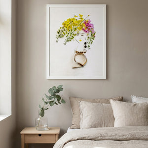 Floral Daydream art print in a white frame in a serene bedroom