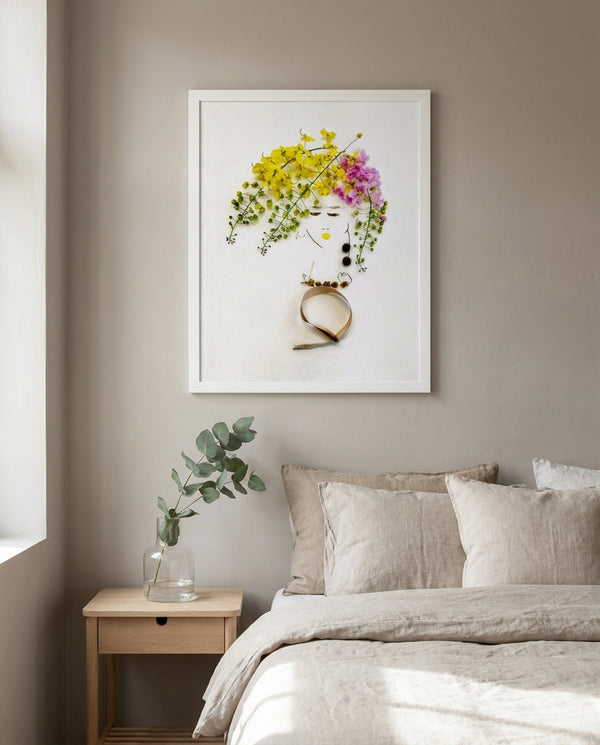 Floral Daydream art print in a white frame in a serene bedroom