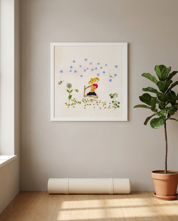 Forward in Bloom in a white frame hung in a serene yoga studio