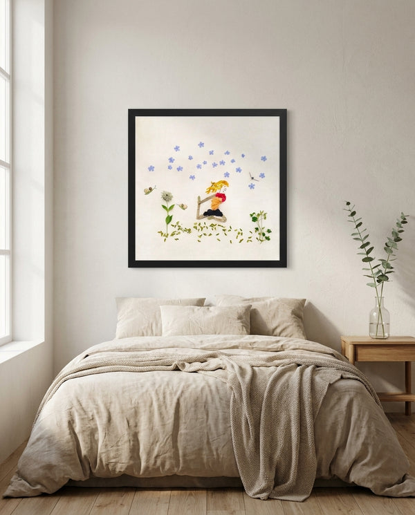 Forward in Bloom in a black frame hung above a linen bed