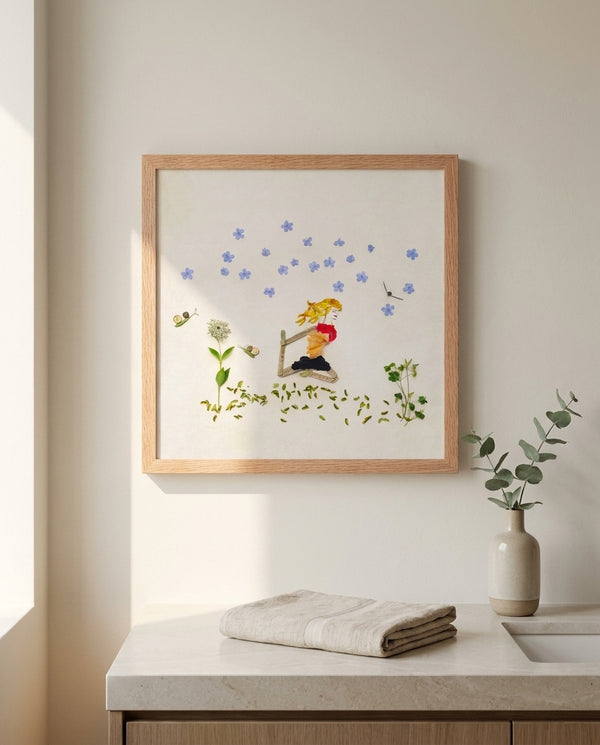 Forward in Bloom in a red oak frame in a warm bathroom