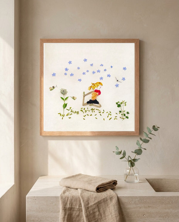 Forward in Bloom in a red oak frame in a warm bathroom