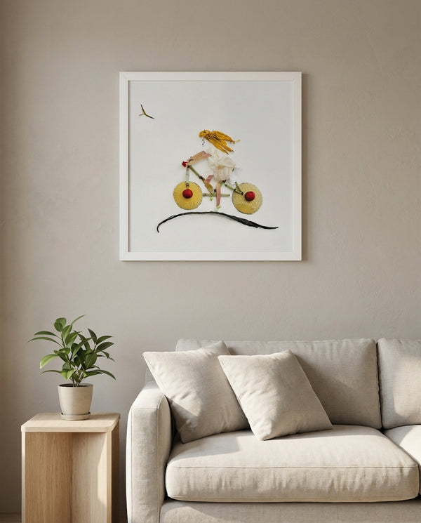 Garden Bicycle art print in a white frame in a modern living room