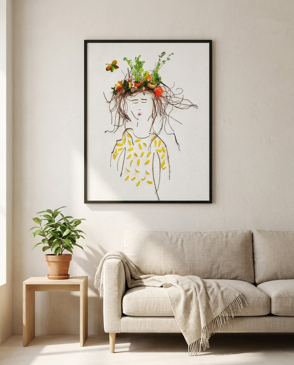 Garden Crown Lady art print in a black frame in a modern living room