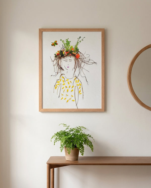 Garden Crown Lady art print in a red oak frame in a warm entryway