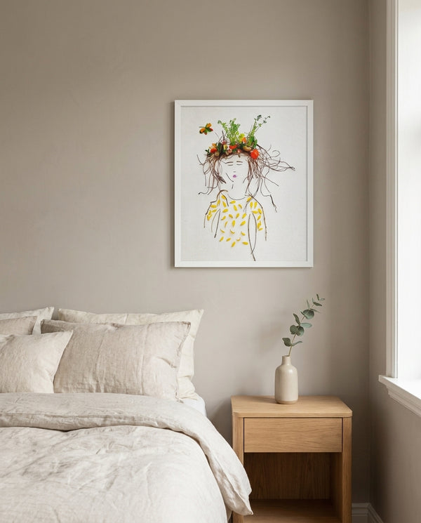 Garden Crown Lady art print in a white frame in a serene bedroom