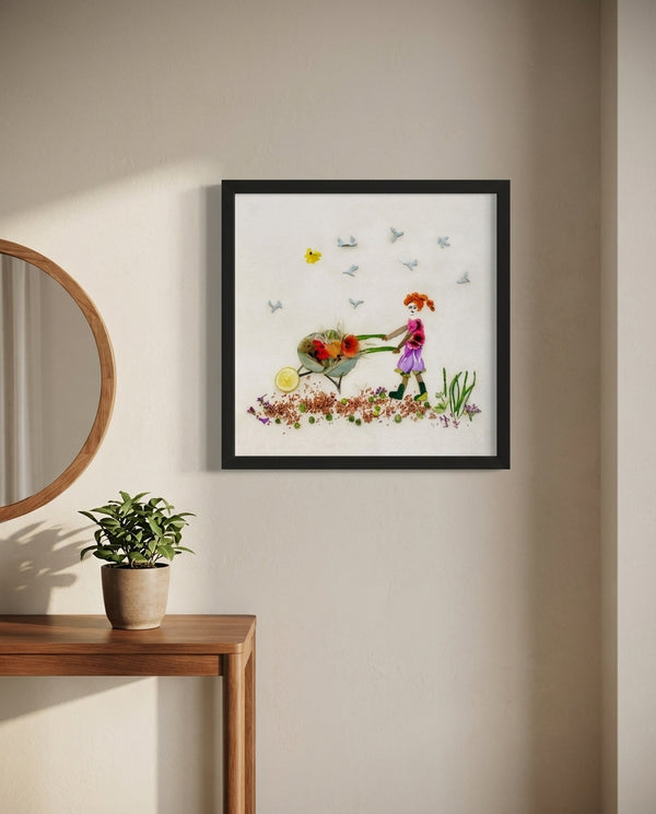 Garden Day Journey art print in a black frame in a warm entryway