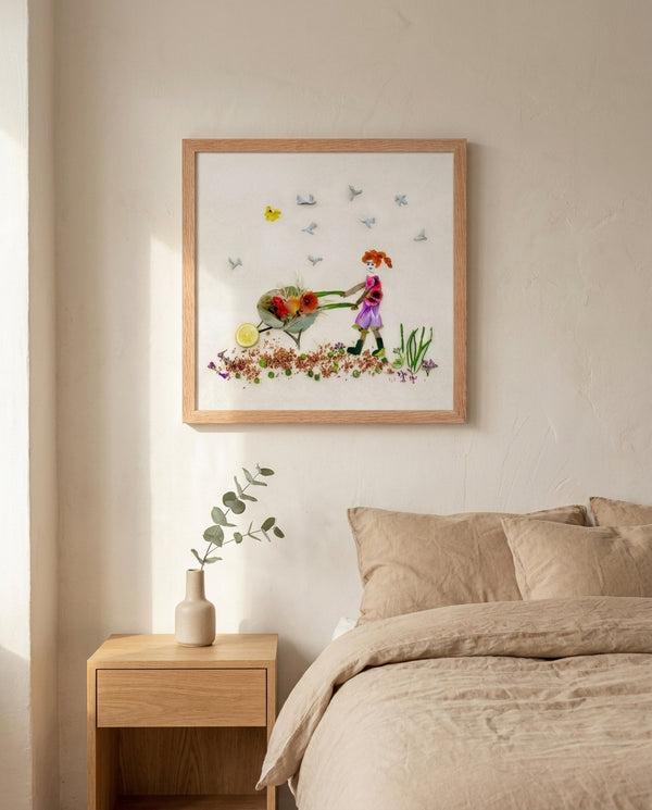 Garden Day Journey art print in a red oak frame in a serene bedroom