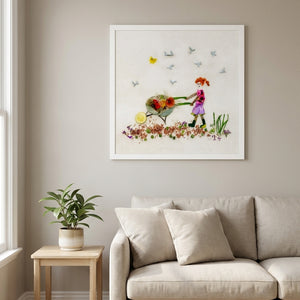 Garden Day Journey art print in a white frame in a modern living room