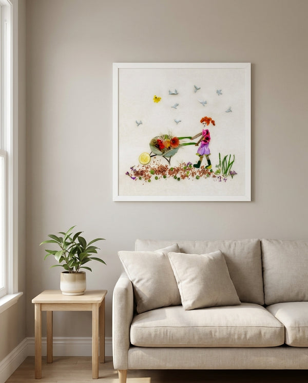 Garden Day Journey art print in a white frame in a modern living room