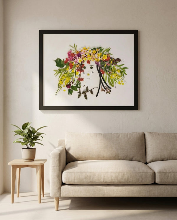 Garden Halo Lady in a black frame above a linen sofa in a calm living room