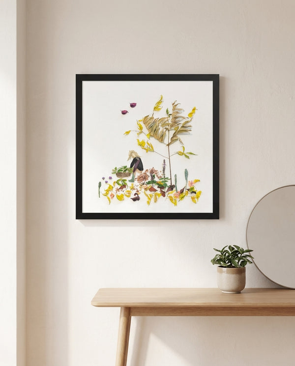 Garden Tender in a black frame in a serene entryway with a round mirror