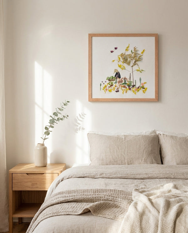Garden Tender in a red oak frame above a bed in a restful bedroom