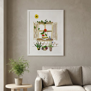 Garden Window Home art in a white frame hanging in a living room