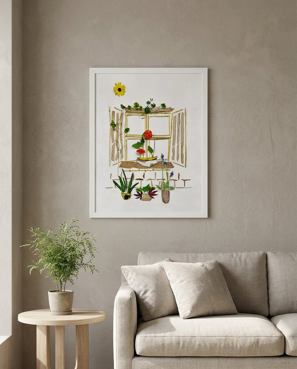 Garden Window Home art in a white frame hanging in a living room