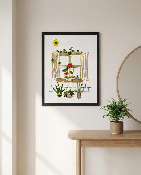 Garden Window Home art in a black frame hanging in an entryway