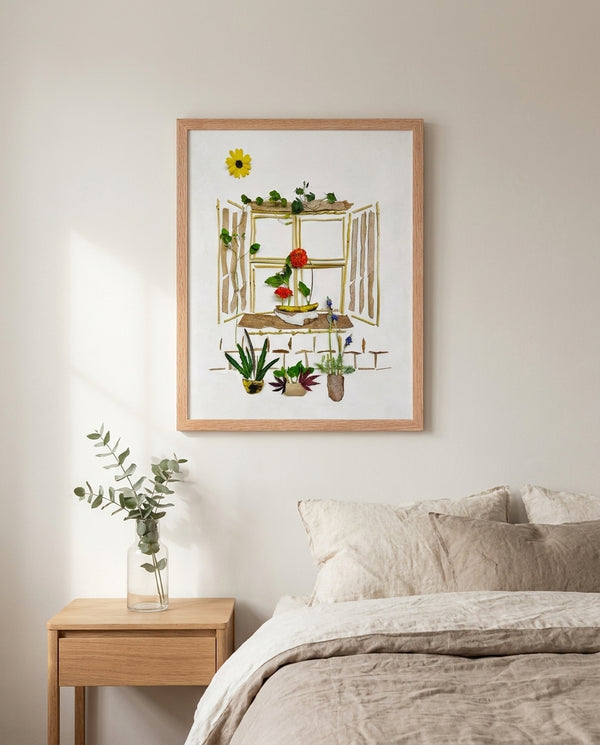 Garden Window Home art in a red oak frame hanging in a bedroom