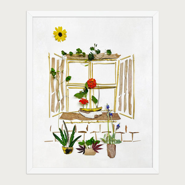 Garden Window Home botanical house wall art in a white frame on a warm cream background