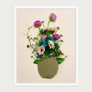 Gathered Bouquet floral still life wall art print by FloraFusion in a white frame, front view