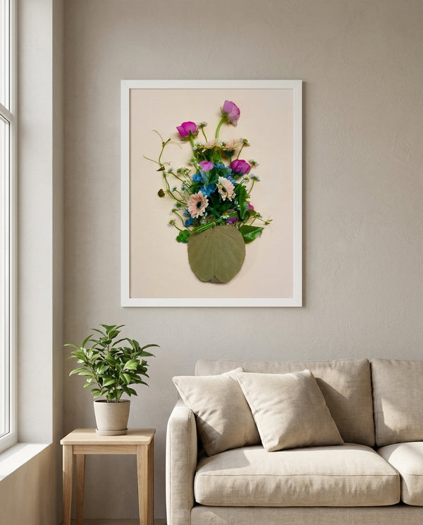 Gathered Bouquet floral still life wall art print in a white frame hanging in a living room