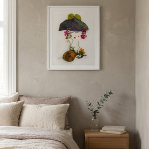 A Gentle Flourish in a white frame hung in a serene bedroom