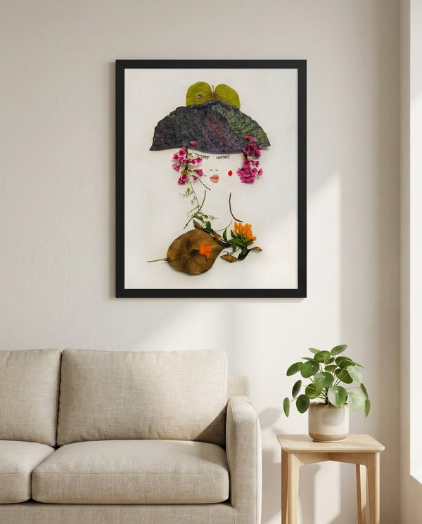 A Gentle Flourish in a black frame hung in a living room