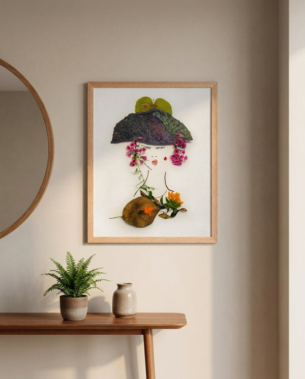A Gentle Flourish in a red oak frame in an entryway