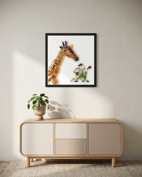 Gentle Giraffe in a black frame in a playful kids room with light wood furniture