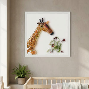 Gentle Giraffe in a white frame above a crib in a soft nursery