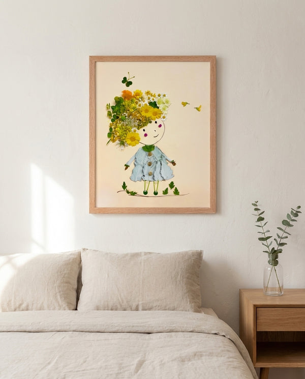 Girl in Bloom whimsical floral girl wall art print in a red oak wood frame hanging in a bedroom