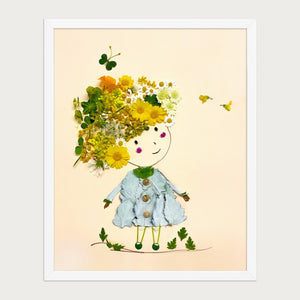 Girl in Bloom whimsical floral girl wall art print by FloraFusion in a white frame, front view