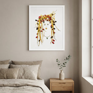 Golden Dates Portrait art in a white frame hanging in a bedroom