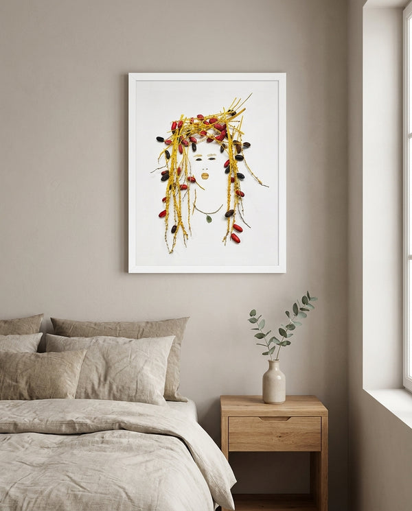 Golden Dates Portrait art in a white frame hanging in a bedroom