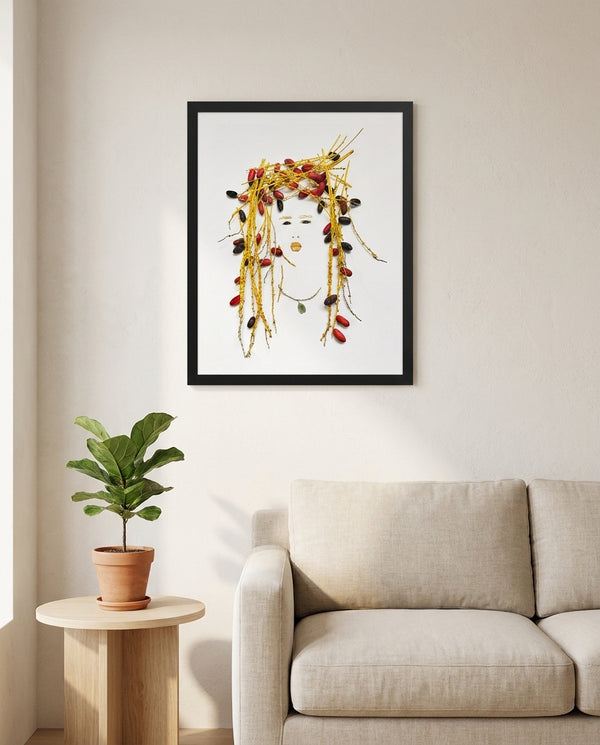 Golden Dates Portrait art in a black frame hanging in a living room