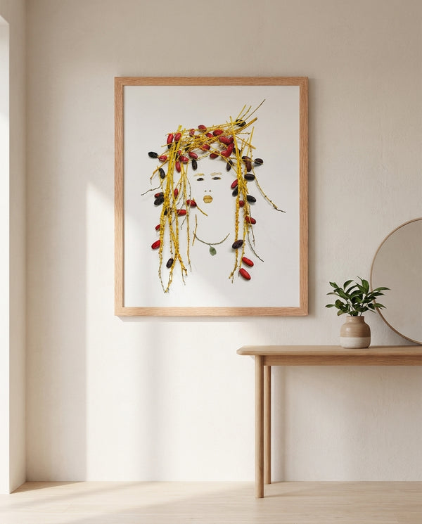 Golden Dates Portrait art in a red oak frame hanging in an entryway