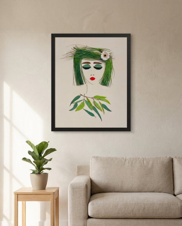 Green Fringe Lady botanical feminine portrait wall art print in a black frame hanging in a living room