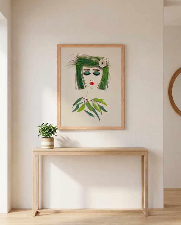 Green Fringe Lady botanical feminine portrait wall art print in a red oak wood frame hanging in an entryway