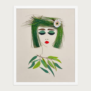 Green Fringe Lady botanical feminine portrait wall art print by FloraFusion in a white frame, front view
