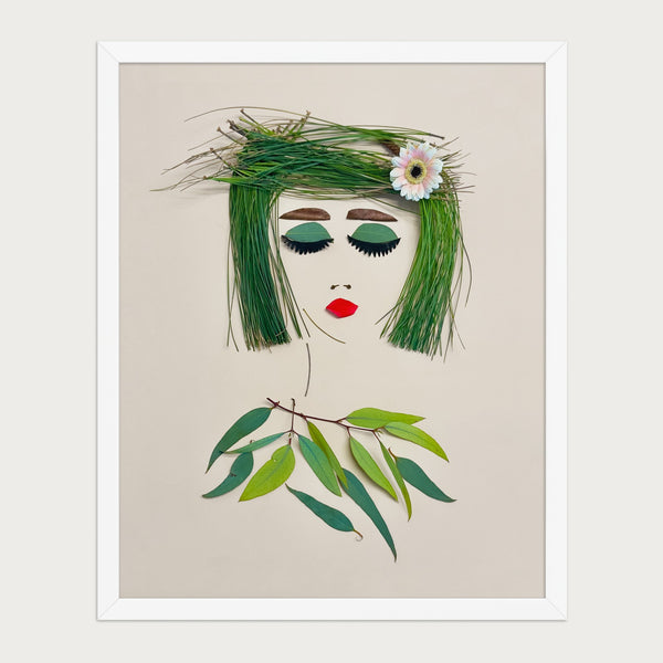 Green Fringe Lady botanical feminine portrait wall art print by FloraFusion in a white frame, front view